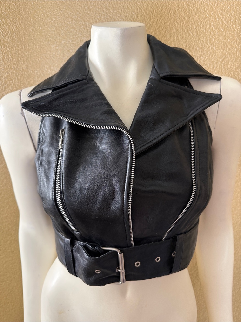 1990s Vintage ContempoCasuals Black Leather Sleeveless Belted Moto Vest